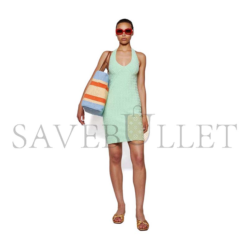 MIU MIU TESSUTO STRIPED WOVEN FABRIC TOTE BAG NATURAL AND CELESTE BLUE 5BG228 (40*34*16cm)